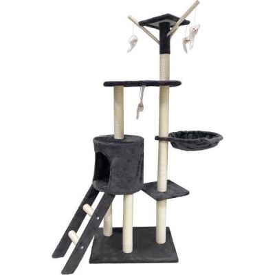 the cat tree is made of wood and has a black base