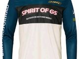 the shirt is white and blue with a black and pink design