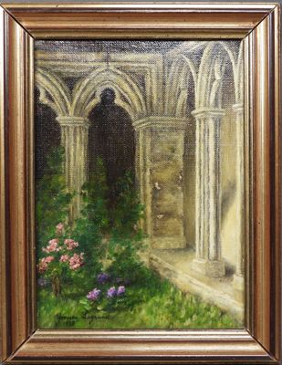 une peinture à l'huile représentant un jardin avec des fleurs et des arcades