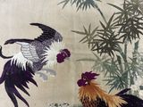 painting of two roosters fighting over a bamboo tree in a garden