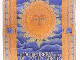 a painting of a sun on a blue and orange background