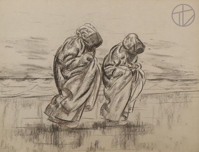 drawing of two women sitting on a beach looking out at the ocean