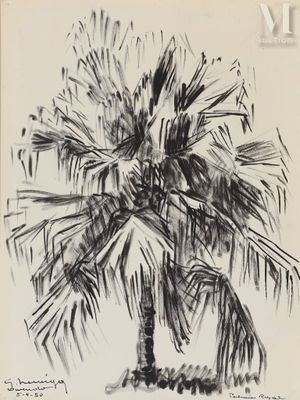 un dessin à l'encre représentant un palmier sur fond blanc