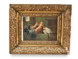 tableau représentant un coq et un jeune coq, dans un cadre doré