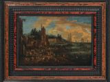 une peinture à l'huile d'un paysage avec un château au loin