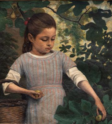 un tableau représentant une jeune fille tenant un panier de fruits