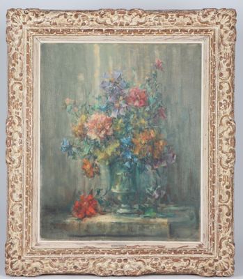 an oil painting of a vase of flowers on a table