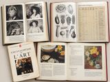 several open books with pictures of women and flowers on them
