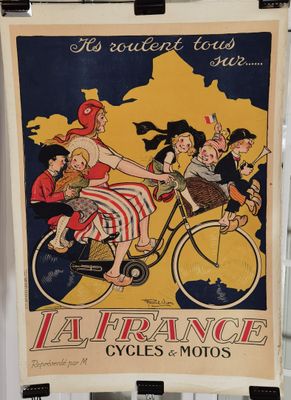 affiche représentant une femme à vélo avec des enfants à l'arrière