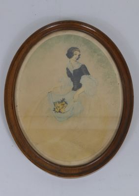 tableau représentant une femme en robe bleue tenant un panier de fleurs