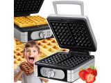 un gaufrier devant lequel se tient un enfant tenant une gaufre