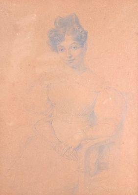drawing of a woman in a white dress sitting on a chair