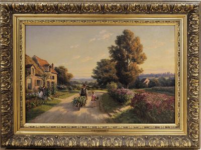 an oil painting of a couple riding a bicycle down a country road