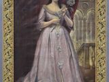 tableau représentant une femme en robe rose tenant une fleur