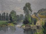 un tableau représentant une rivière traversant une campagne
