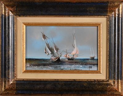 an oil painting of a sailboat in a body of water with a blue sky in the background