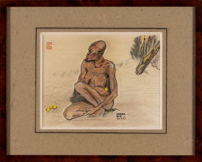 painting of a man sitting on the ground with a bird in the background
