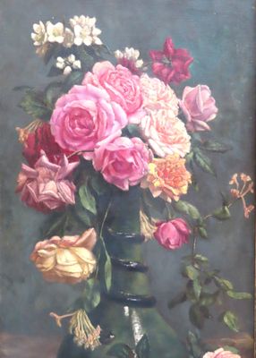 une peinture de roses dans un vase sur une table