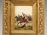 a painting of a painting of a man on a horse chasing a dog