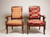 pair of early 20th century mahogany armchairs with plaid upholstered seats