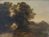 tableau représentant un paysage boisé avec deux personnages marchant sur un sentier
