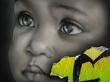 a picture of a child with a butterfly on it ' s head