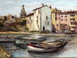a painting of a boat in the water near a building
