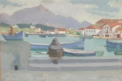 a painting of a woman sitting on a ledge by the water
