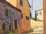 une peinture à l'huile représentant une rue avec des marches menant à un immeuble