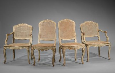 Paire de fauteuils et paire de chaises cannés à dossier plat…