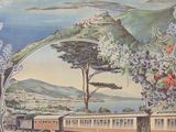 an old poster of a train traveling down tracks next to a tree