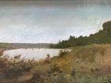 a picture of a painting of a lake in the middle of a field