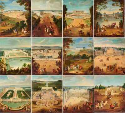 un collage composé de neuf tableaux représentant les jardins du château de Versailles