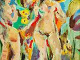 une peinture à l'huile représentant trois femmes avec des parapluies et des fleurs
