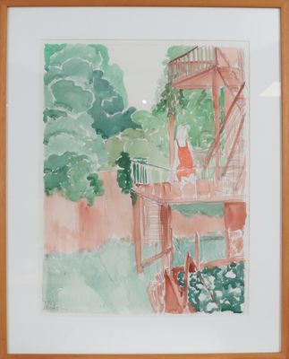 framed watercolor painting of a cat sitting on a balcony in a garden