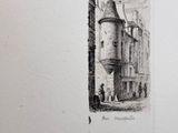 an old drawing of a building with a tower on the top of it