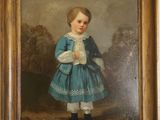 painting of a young girl in a blue dress holding a book
