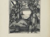 an image of a black and white drawing of a naked woman in a wooded area