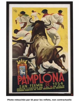 une vieille affiche représentant un taureau en pleine course, avec d'autres taureaux en arrière-plan