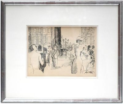 drawing of a group of people sitting around a table in a room