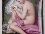 painting of a nude woman in a pink towel eating a piece of cake