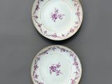 Deux assiettes ornées de fleurs violettes sont posées sur une table.