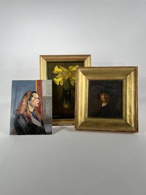 two paintings of women and a vase of yellow flowers on a table