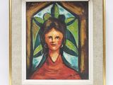 tableau représentant une femme en robe rouge avec une feuille verte sur la tête
