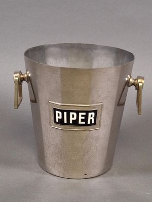 a silver bucket with a piper logo on it