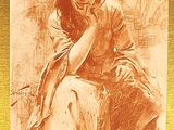 drawing of a woman sitting on a rock with her hand on her chin