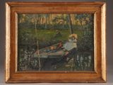 an oil painting of a man in a boat on a lake