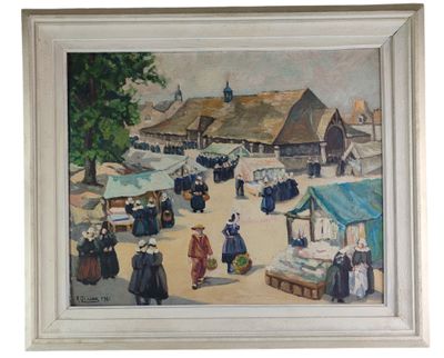 an oil painting of a market scene with people walking around