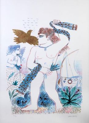 une image représentant le dessin d'une femme avec un oiseau sur l'épaule