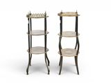 pair of metal and wood side tables with glass shelves